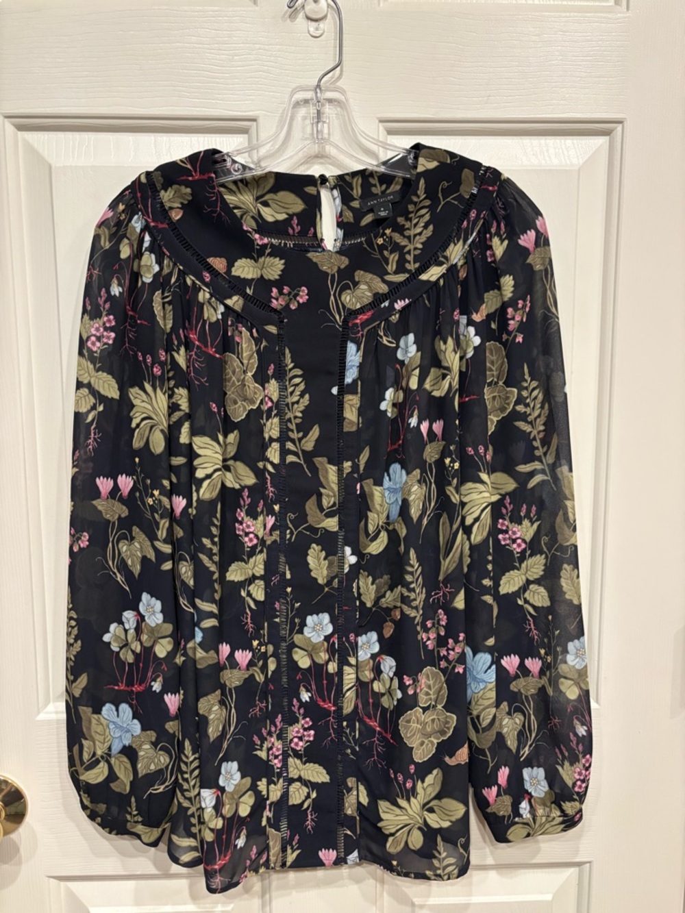 ANN TAYLOR Navy Floral Blouse with Pink & Blue Accents